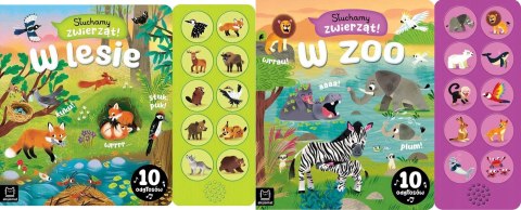 Pakiet Słuchamy Zwierząt! w Lesie w Zoo Książka z Dźwiękami 10 Odgłosów