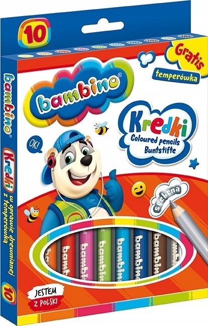 Kredki Ołówkowe Bambino w Oprawie Drewnianej z Temperówką, 10 Kolorów