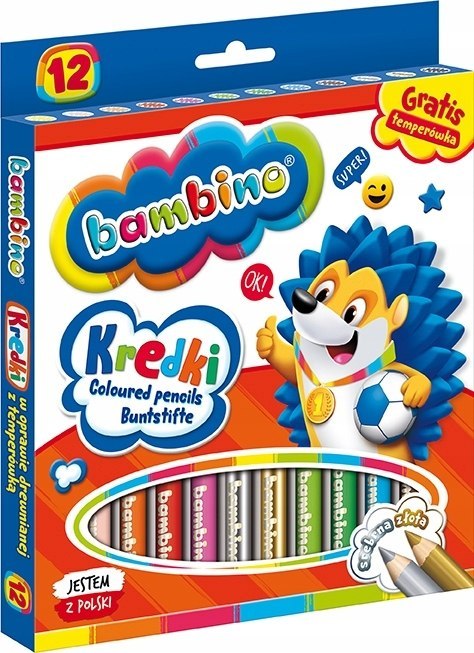 Kredki Ołówkowe Bambino w Oprawie Drewnianej z Temperówką, 12 kolorów