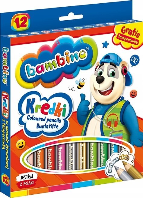 Kredki Ołówkowe Bambino w Oprawie Drewnianej z Temperówką, 12 kolorów