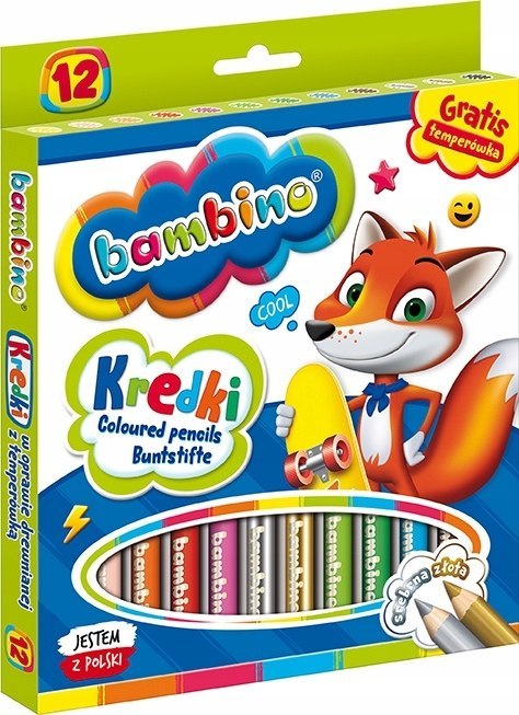 Kredki Ołówkowe Bambino w Oprawie Drewnianej z Temperówką, 12 kolorów