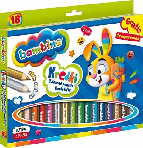 Kredki Ołówkowe Bambino w Oprawie Drewnianej z Temperówką, 18 kolorów