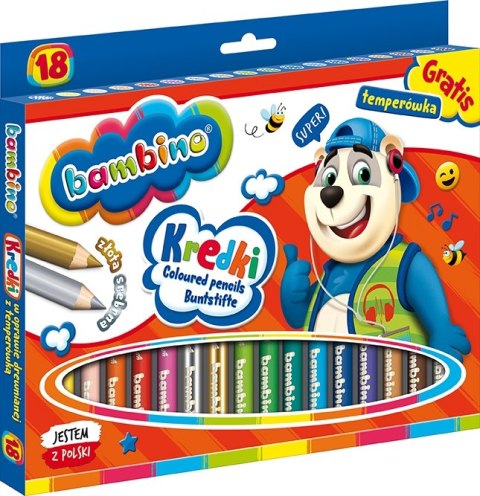 Kredki Ołówkowe Bambino w Oprawie Drewnianej z Temperówką, 18 kolorów