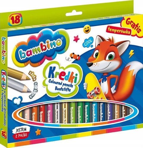 Kredki Ołówkowe Bambino w Oprawie Drewnianej z Temperówką, 18 kolorów