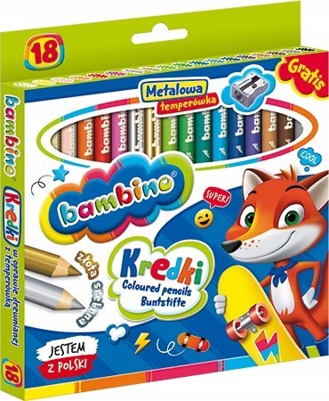Kredki Ołówkowe Bambino w Oprawie Drewnianej z Temperówką, 18 kolorów