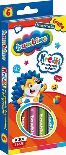 Kredki Ołówkowe Bambino w Oprawie Drewnianej z Temperówką, 6 kolorów