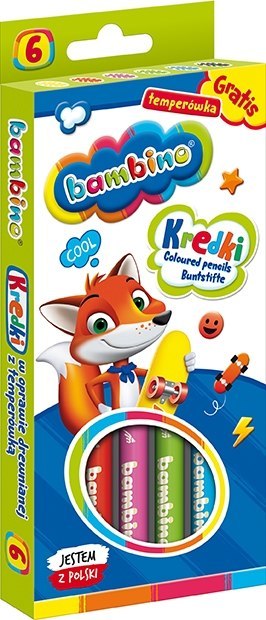Kredki Ołówkowe Bambino w Oprawie Drewnianej z Temperówką, 6 kolorów