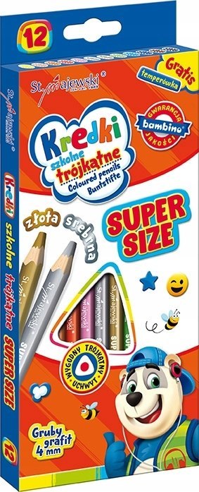 Kredki Szkolne Trójkątne Super Size Ołówkowe 12 kolorów Bambino Temperówka