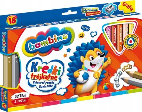 Kredki Trójkątne Bambino w Oprawie Drewnianej 18 Kolorów + Temperówka