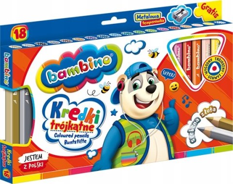 Kredki Trójkątne Bambino w Oprawie Drewnianej 18 Kolorów + Temperówka
