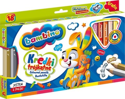 Kredki Trójkątne Bambino w Oprawie Drewnianej 18 Kolorów + Temperówka