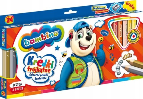 Kredki Trójkątne Bambino w Oprawie Drewnianej 24 Kolory + Temperówka