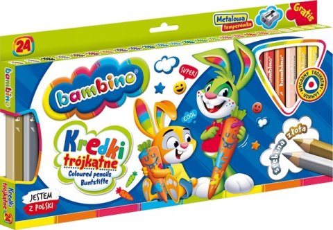 Kredki Trójkątne Bambino w Oprawie Drewnianej 24 Kolory + Temperówka