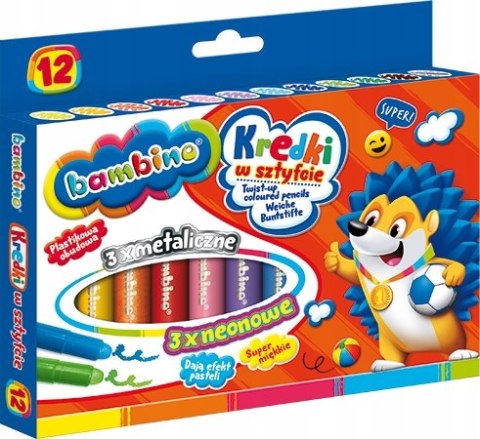 Kredki w Sztyfcie Bambino 12 kolorów, 3 Kolory Metaliczne, 3 Kolory Neonowe