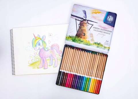 Kredki ołówkowe z drewna cedrowego w metalowym pudełku 24 kolory Astra