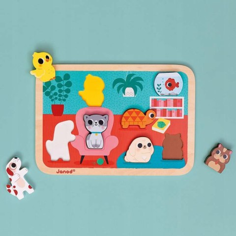 Puzzle Drewniane 3D Zwierzęta Domowe 7 el.,18 m+, Janod J07122