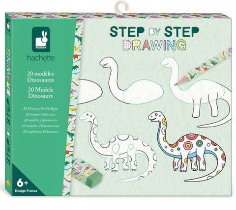 Zestaw Kreatywny Rysowanie Krok po Kroku Dinozaury 20 Rysunków 7+, Janod