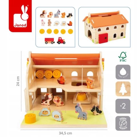 Drewniana farma z otwieranym dachem i figurkami 2+ Janod