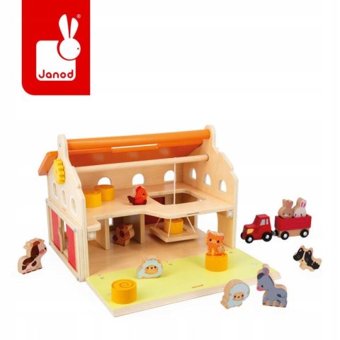 Drewniana farma z otwieranym dachem i figurkami 2+ Janod