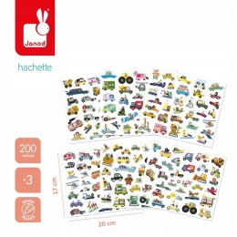 Janod Naklejki wielorazowe na arkuszach 200 szt Pojazdy 3+