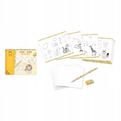 Zestaw Kreatywny Rysowanie Krok po Kroku Zwierzęta 20 Rysunków 7+, Janod