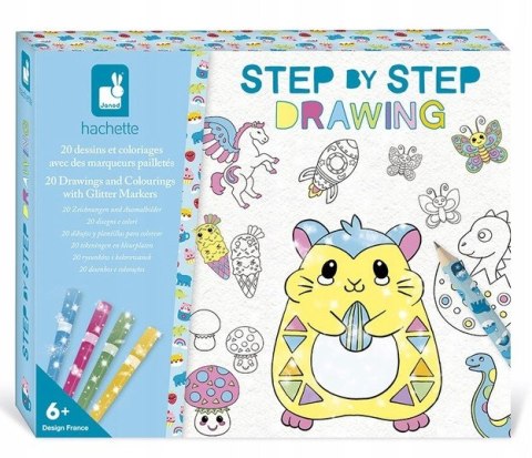 Janod Zestaw kreatywny Rysowanie krok po kroku z brokatowymi markerami 6+