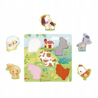 Puzzle sensoryczne układanka drewniana Farma, 6 elementów 18 m+ Janod