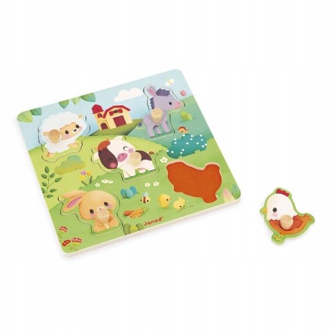 Puzzle sensoryczne układanka drewniana Farma, 6 elementów 18 m+ Janod