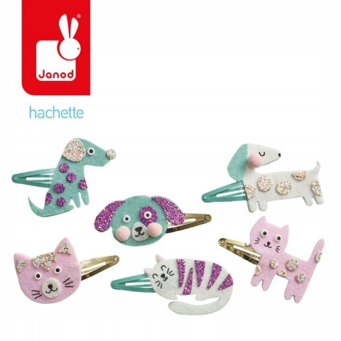 Janod Zestaw do tworzenia biżuterii Brokatowe spinki Pieski i kotki 5+