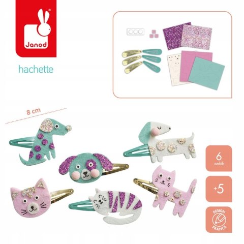 Janod Zestaw do tworzenia biżuterii Brokatowe spinki Pieski i kotki 5+