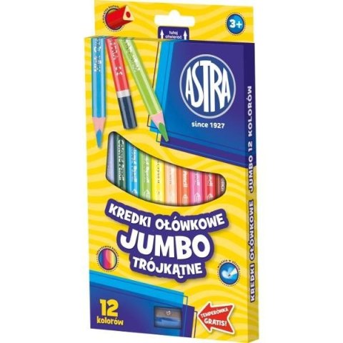 Kredki ołówkowe Astra trójkatne 12 sztuk Grube Temperówka Gratis