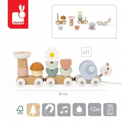 Magnetyczny pociąg z klockami i grzechotką do ciągnięcia Ślimak 12m+ Janod