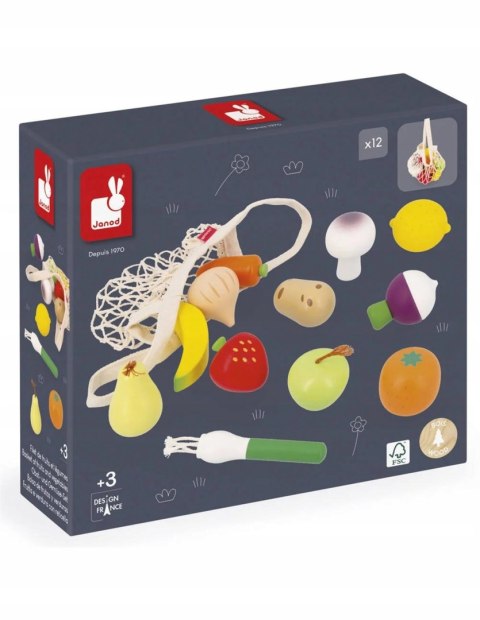 Zestaw drewnianych warzyw i owoców w siatce, dla dzieci 3 lata+, Janod