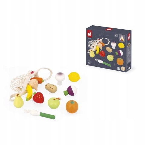 Zestaw drewnianych warzyw i owoców w siatce, dla dzieci 3 lata+, Janod