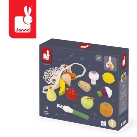 Zestaw drewnianych warzyw i owoców w siatce, dla dzieci 3 lata+, Janod