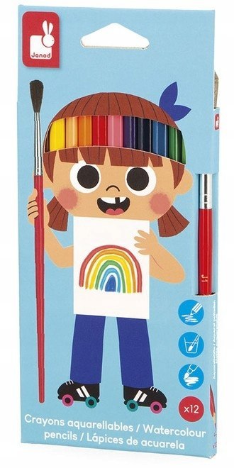 Janod Kredki akwarelowe z pędzelkiem 12 kolorów 3+ J07415