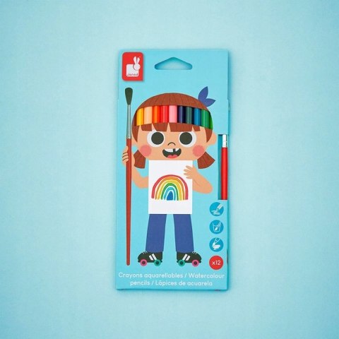 Janod Kredki akwarelowe z pędzelkiem 12 kolorów 3+ J07415