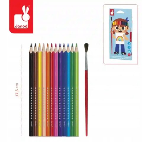 Janod Kredki akwarelowe z pędzelkiem 12 kolorów 3+ J07415