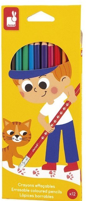 Janod Kredki ołówkowe zmazywalne z gumką 12 kolorów 3+ J07414
