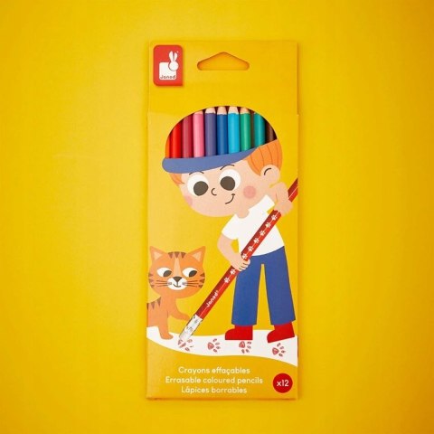 Janod Kredki ołówkowe zmazywalne z gumką 12 kolorów 3+ J07414