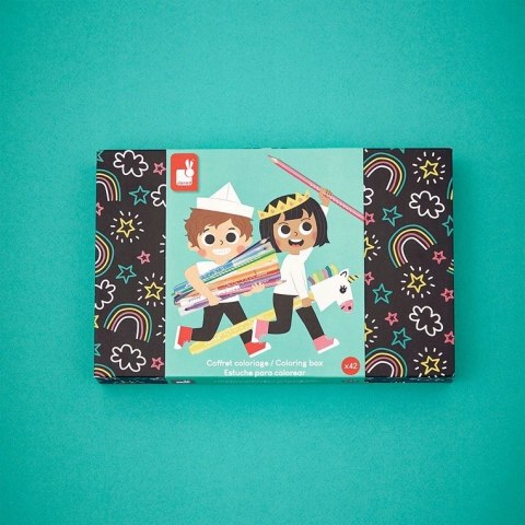 Janod Zestaw przyborów do kolorowania kredki flamastry Coloring box 42 el.