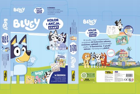 Bluey Megazestaw Kolor i Akcja Start Naklejki + Flamastry i Pisaki żelowe