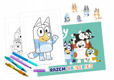 Bluey Megazestaw Kolor i Akcja Start Naklejki + Flamastry i Pisaki żelowe