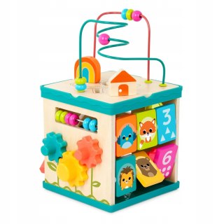 Drewniana kostka edukacyjna z sorterem, labiryntem i książeczką B.Toys