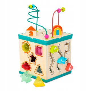 Drewniana kostka edukacyjna z sorterem, labiryntem i książeczką B.Toys